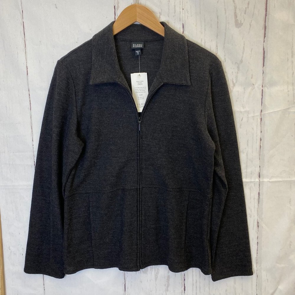 Eileen Fisher Knitted Wool Cardigan Jacket Size M Zip up Charcoal Gray New
